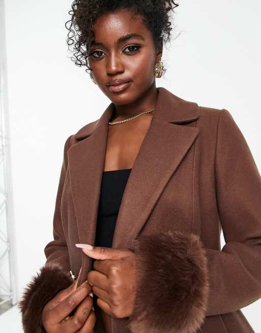 Ever New faux fur collar coat with cuffs in chocolate