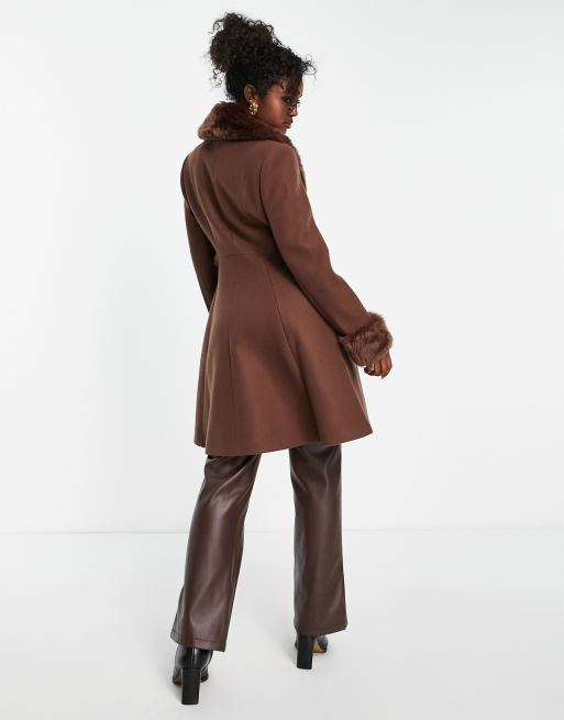 Pull&Bear faux fur extra long collared coat in brown