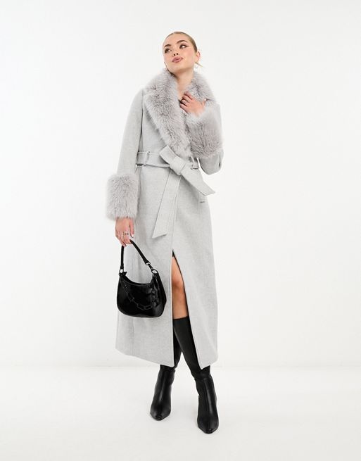 Ever New faux fur maxi coat in light gray | ASOS