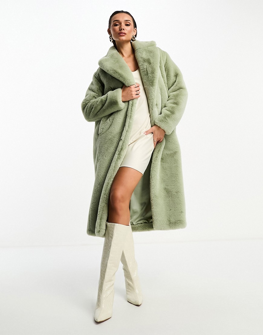 faux fur maxi coat in soft olive-Green