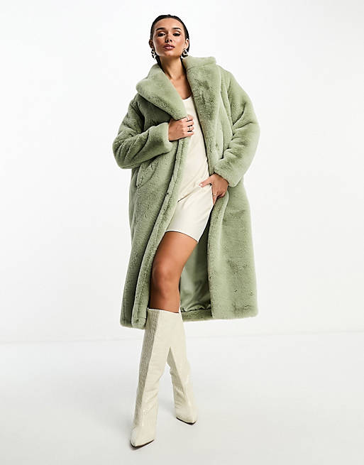 Ever New faux fur maxi coat in soft olive | ASOS