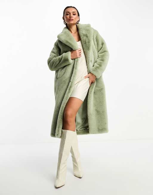 Ever New faux fur maxi coat in soft olive | ASOS