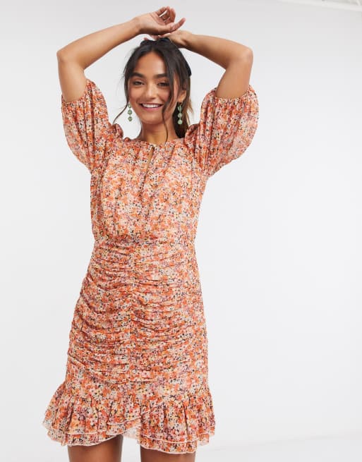 Ever New flippy hem mini dress in burnt orange floral print | ASOS