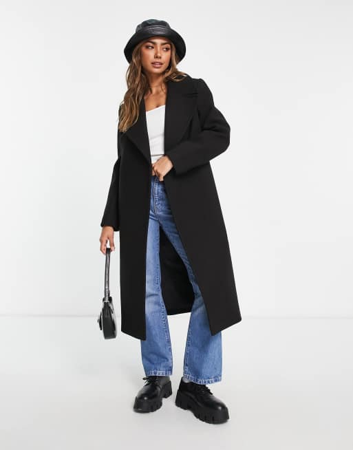 Long black coat store with belt