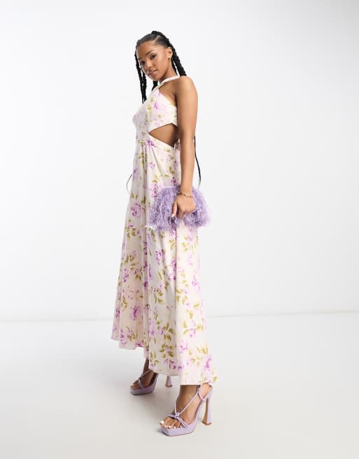 Ever New halter neck open back maxi dress in lilac floral