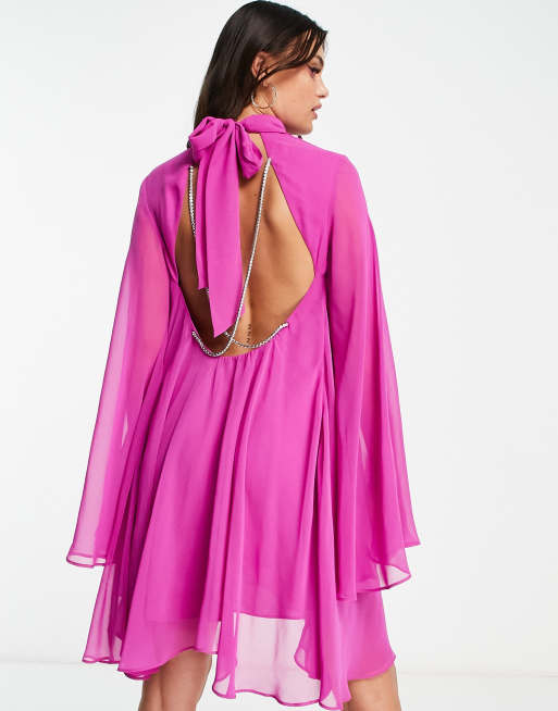 Ever New high neck pleated mini dress with rhinestone open back in pink ASOS