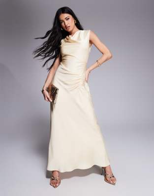 high neck satin maxi dress in lemon-Yellow