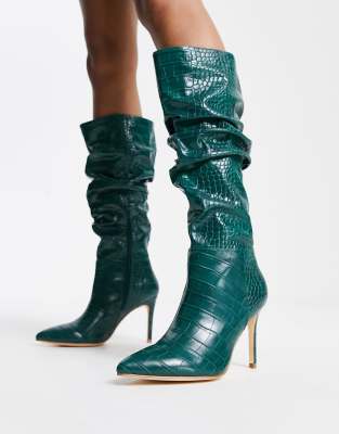 Ever New knee high boots in emerald croc-Green