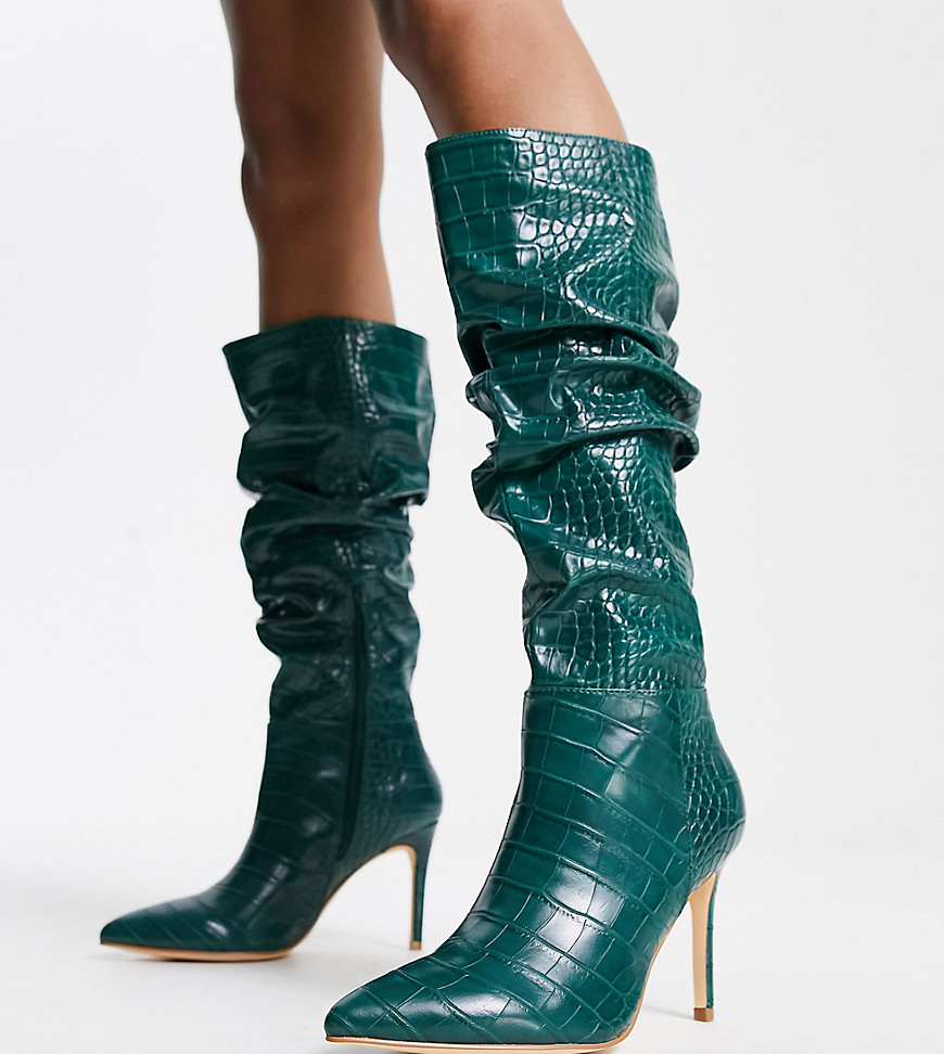 Ever New knee high boots in emerald croc-Green