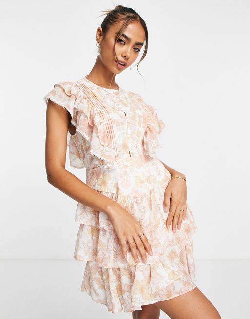 Ever New lace trim tiered mini dress in apricot floral