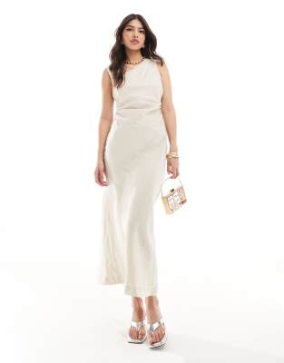 Ever New linen asymmetrical midi dress in stone-Neutral