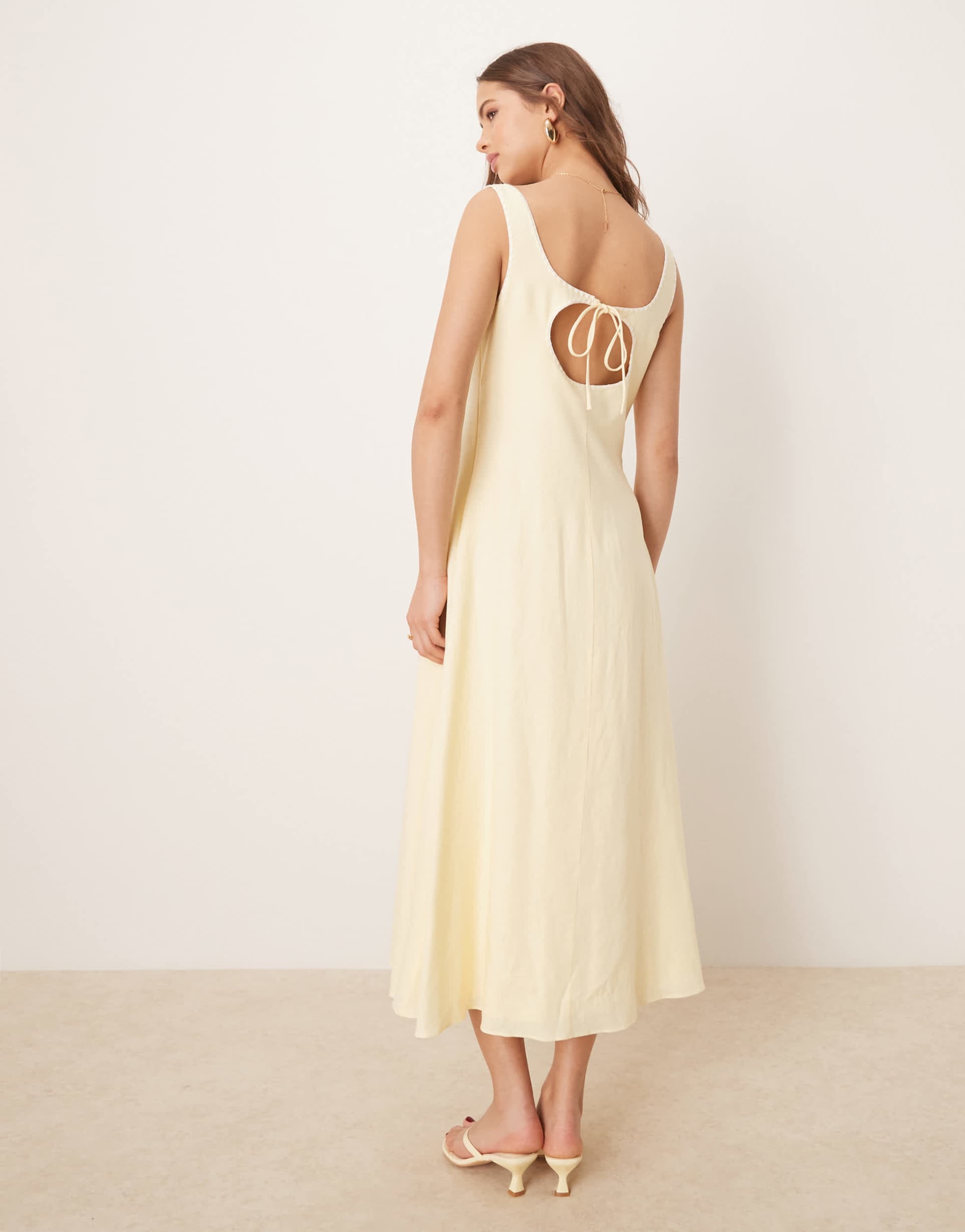 ever new linen blend contrast stitch midaxi dress in lemon
