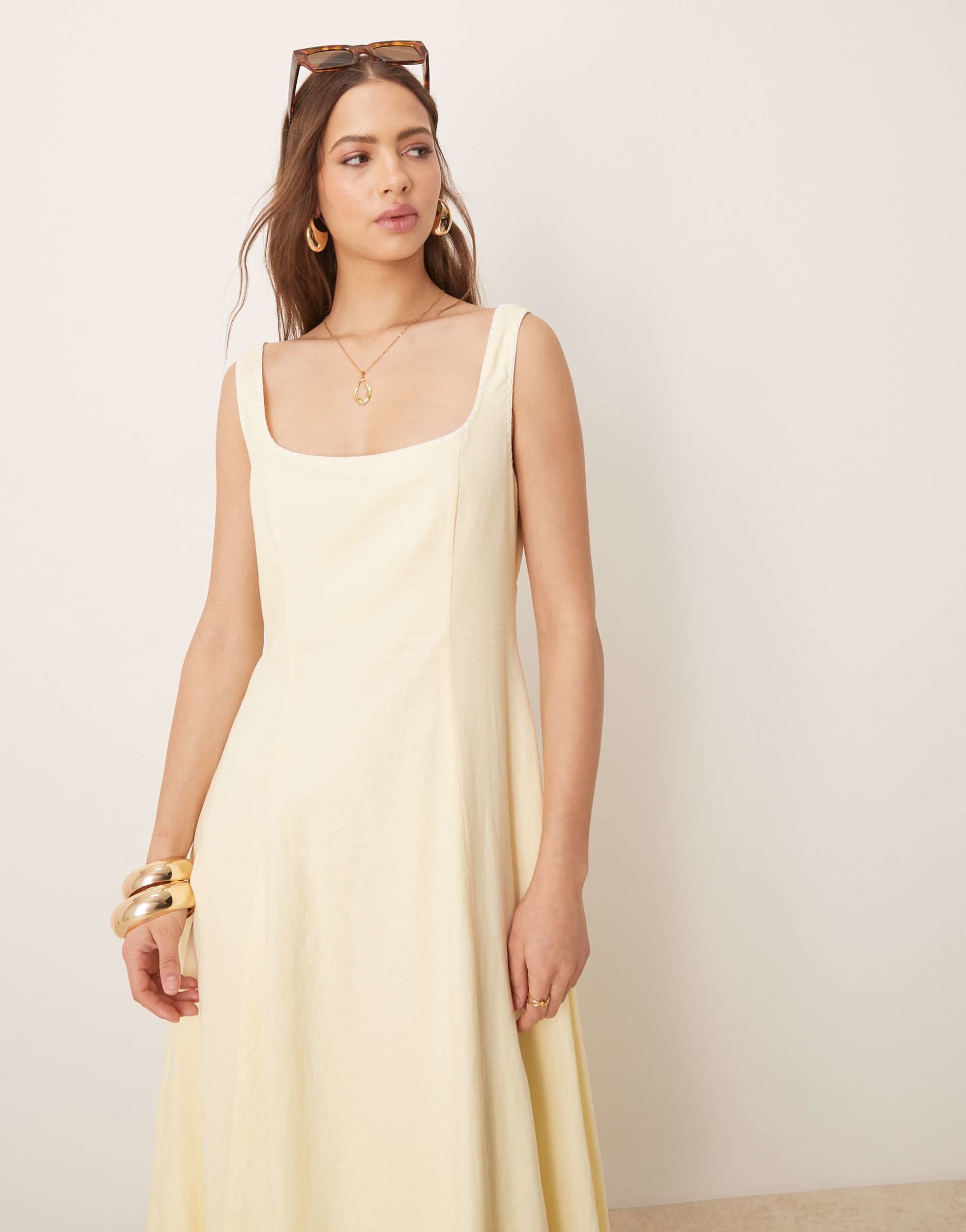 ever new linen blend contrast stitch midaxi dress in lemon