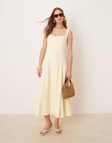 Ever New linen contrast stitch midaxi dress in lemon
