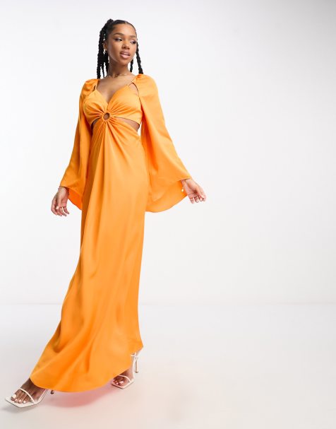 Flounce London long sleeve maxi dress in pink and orange ombre