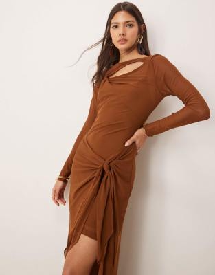 long sleeve draped maxi dress in brown-Red