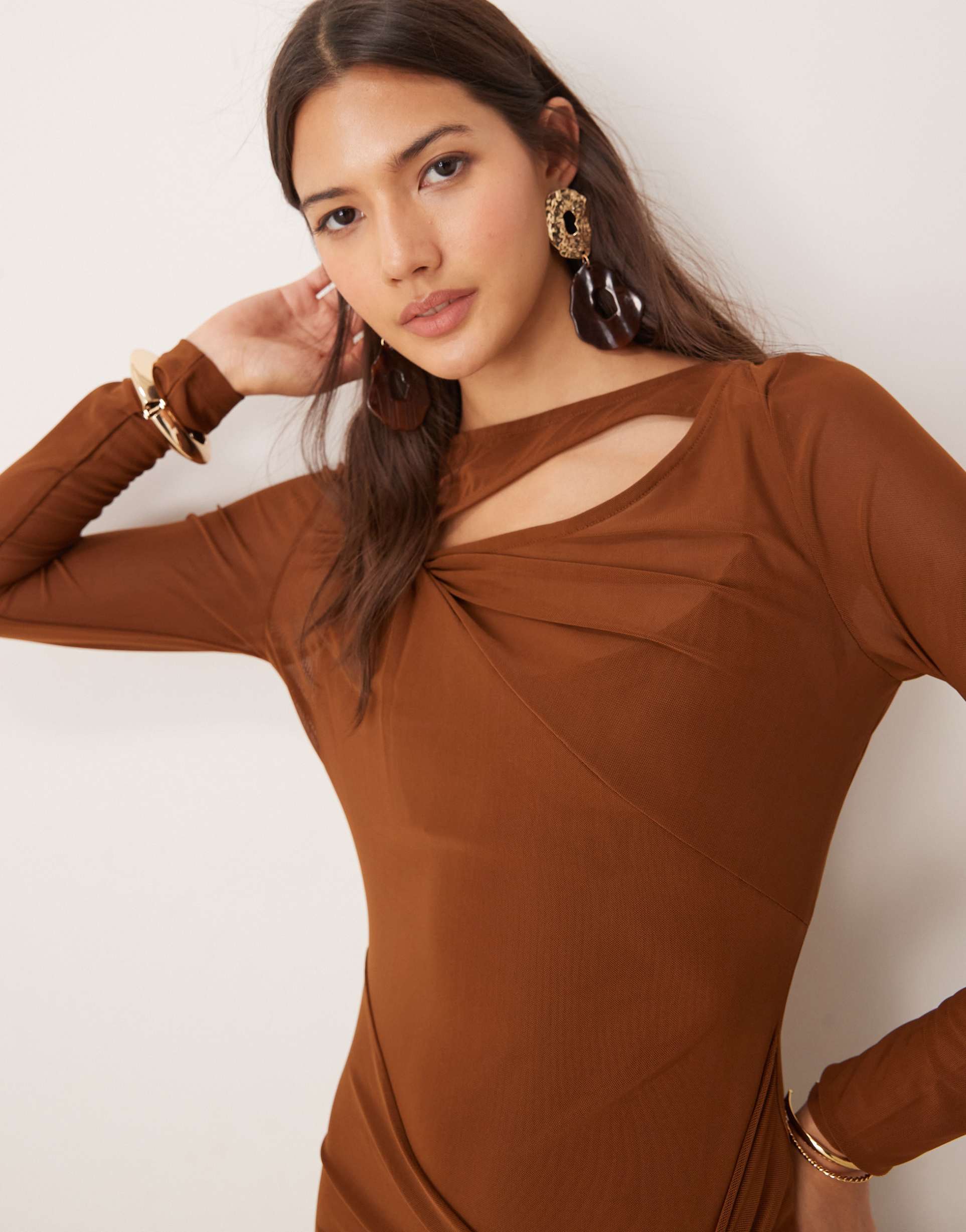ever new long sleeve draped maxi dress in brown