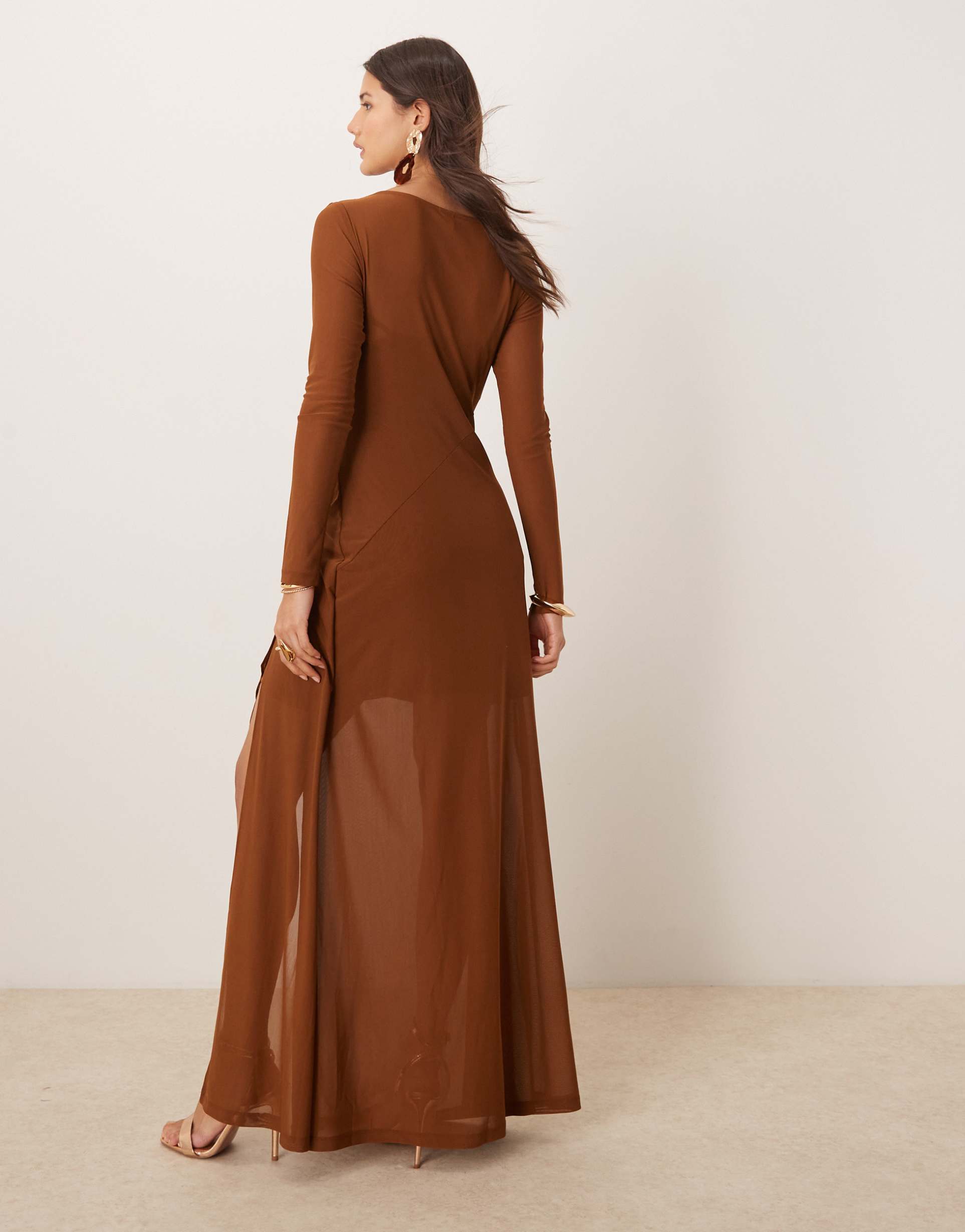 ever new long sleeve draped maxi dress in brown