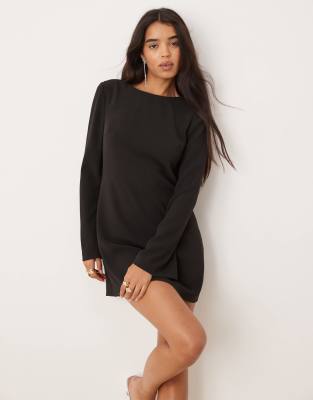 long sleeve embellished back mini dress in black