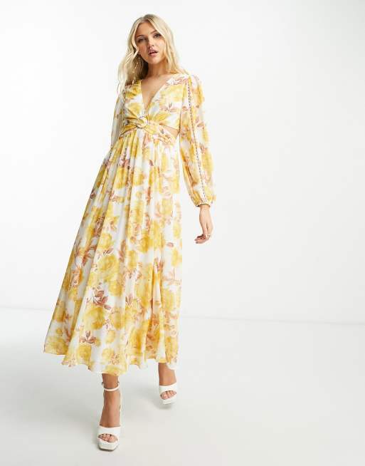 Ever New long sleeve maxi dress in gold floral | ASOS