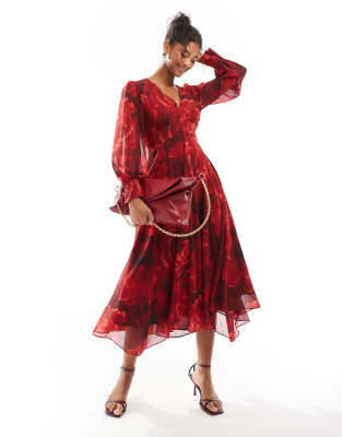 long sleeve maxi dress in red rose floral