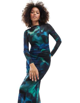 long sleeve mesh maxi dress in cobalt blur print-Blue