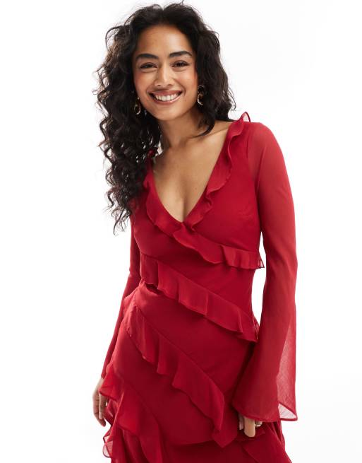 Ever New long sleeve midaxi dress in red, 2 of 4