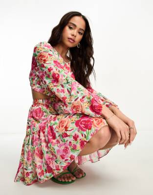 Ever New long sleeve mini dress in red and pink floral | ASOS