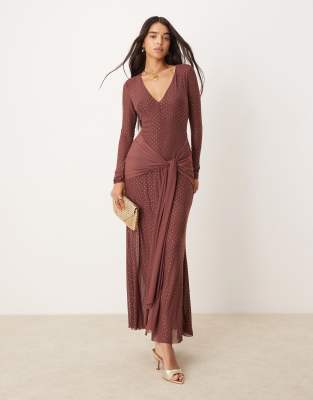 long sleeve plunge hotfix maxi dress in chocolate-Brown