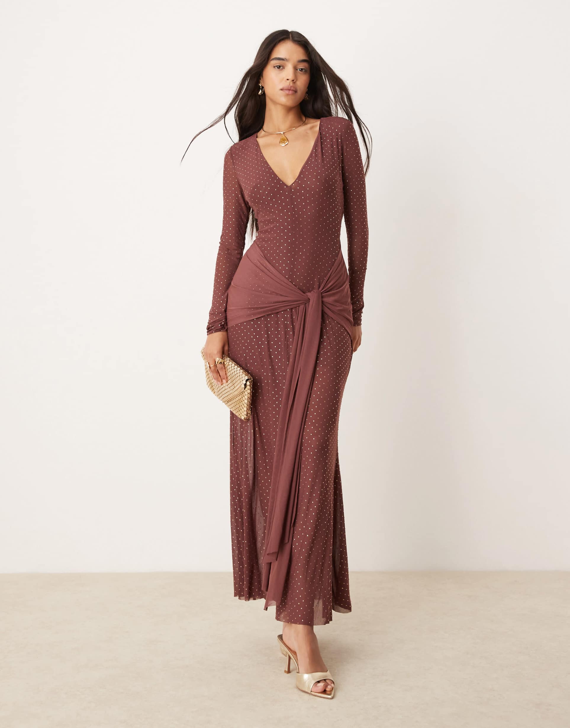 ever new long sleeve plunge hotfix maxi dress in chocolate