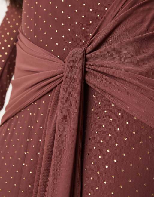 Ever New long sleeve plunge hotfix maxi dress in chocolate | ASOS