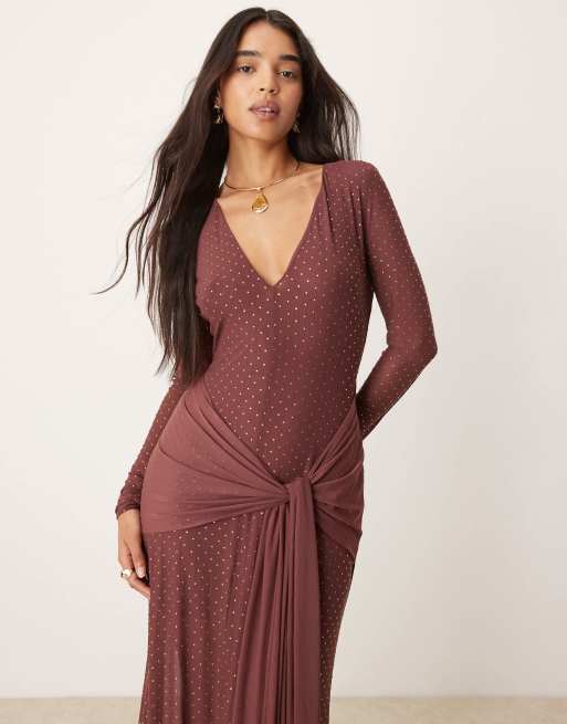 knee length dresses for ladies Jasmyn Hot Fix Maxi Dress with Mesh Back / Chocolate | Meshki