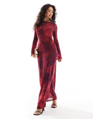 long sleeve slip dress in deep red floral