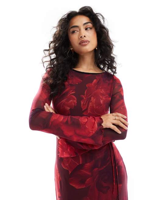 Ever New long sleeve slip dress in deep red floral | ASOS