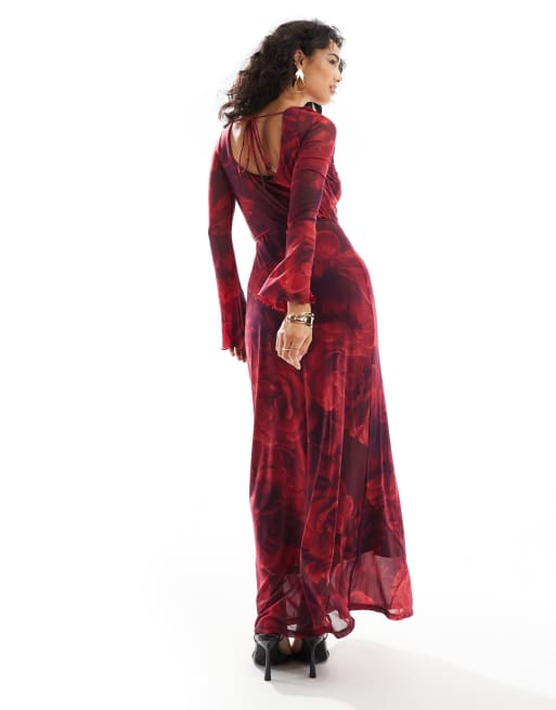 Ever New long sleeve slip dress in deep red floral, 4 of 4