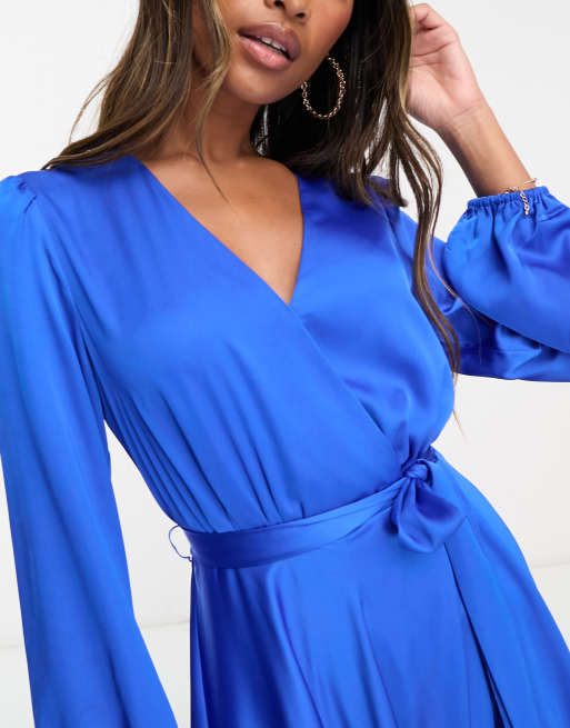 Ever New long sleeve tie waist midi dress in blue satin