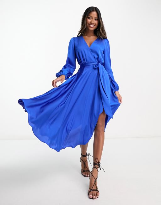 Ever New long sleeve tie waist midi dress in blue satin