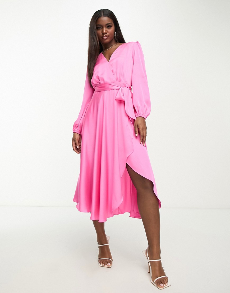 Forever New Ever New Long Sleeve Tie Waist Midi Dress In Pink Satin
