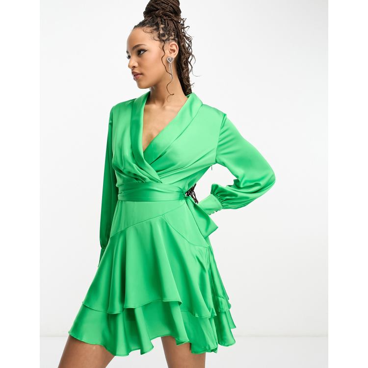 Satin V-neck Long Sleeve Tie Waist Mini Dress