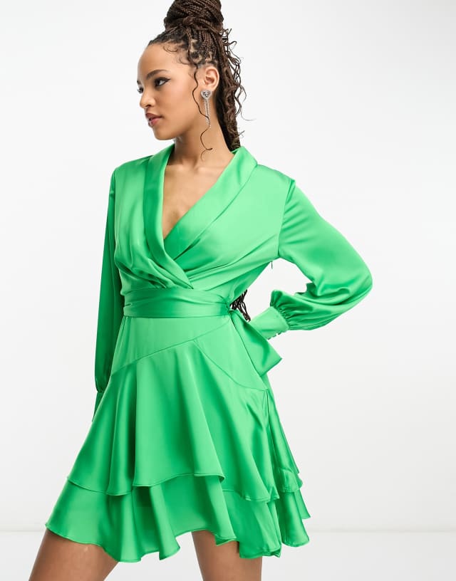 Ever New long sleeve tie waist mini dress in green