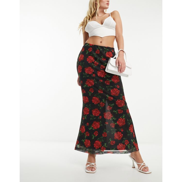 Petite Black Mesh Maxi Skirt With Flower Detail