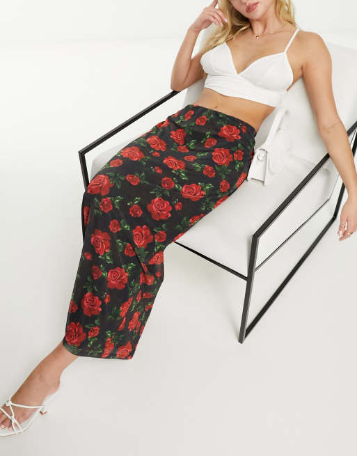 Rose Print Mesh Bandeau & Maxi Skirt