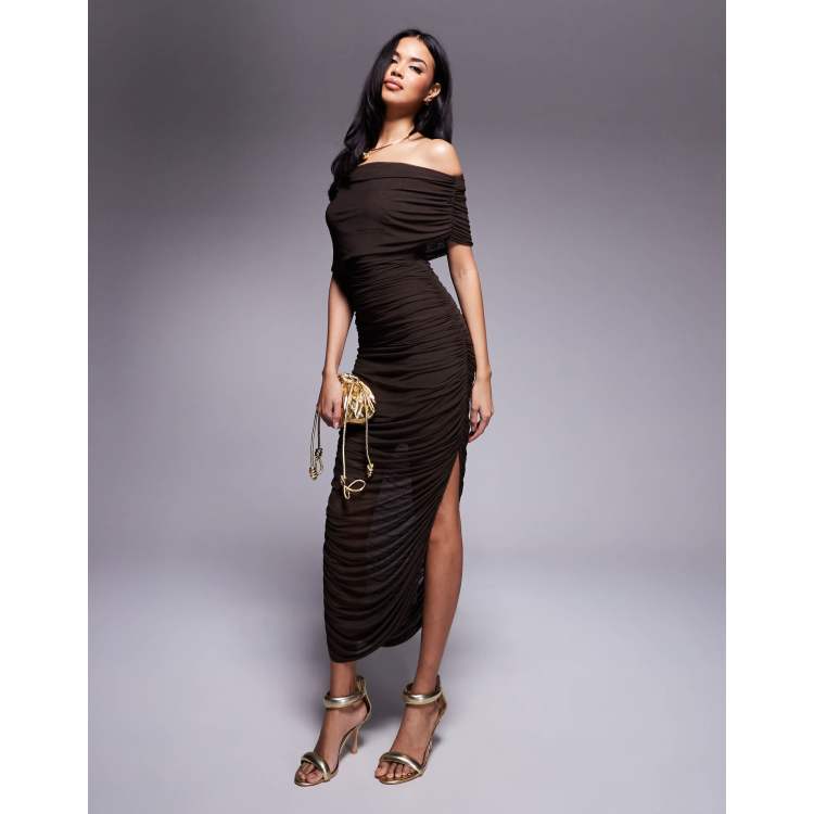 Ever New mesh ruched asymmetrical midaxi dress in espresso | ASOS
