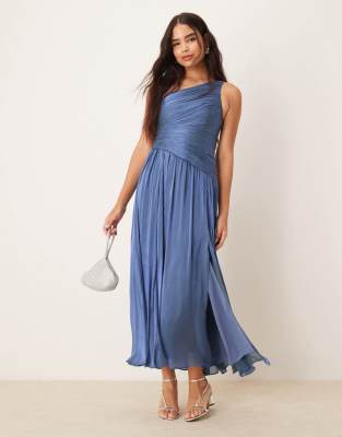 metallic one shoulder drop hem maxi dress in blue