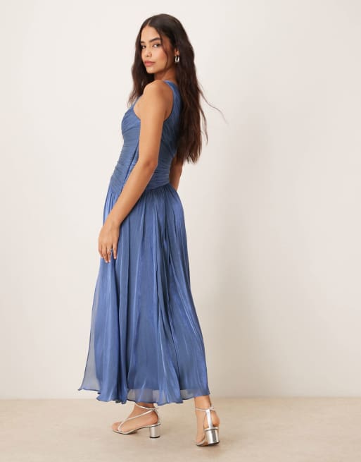 Ever New metallic one shoulder drop hem maxi dress in blue