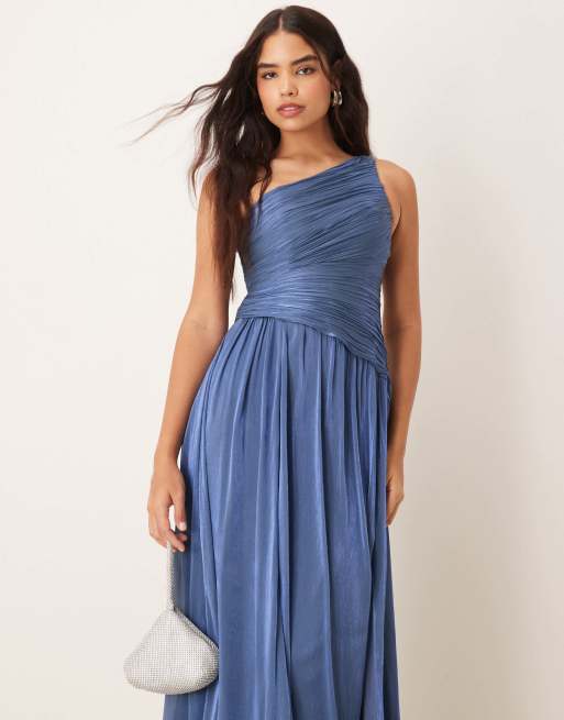Ever New metallic one shoulder drop hem maxi dress in blue