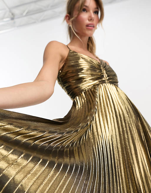 Ever New metallic pleated cross over maxi dress in gold | ASOS