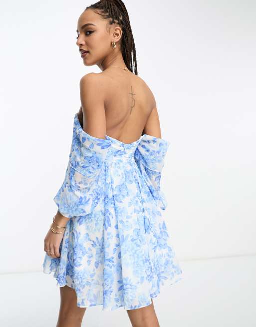 Ever New Off Shoulder Long Sleeve Mini Dress in Blue Floral