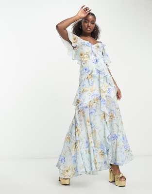 off shoulder maxi dress In blue floral