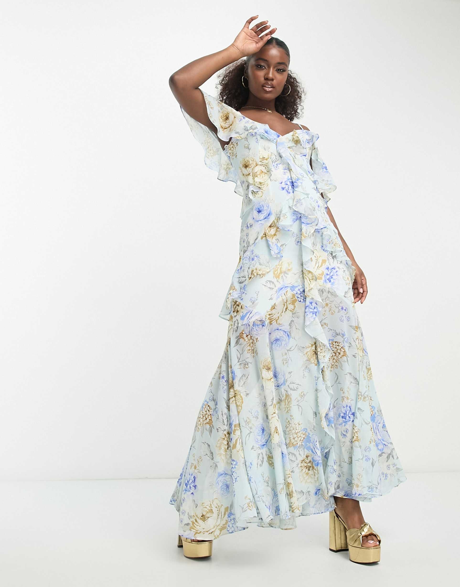 ever new off shoulder maxi dress in blue floral